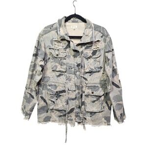POL Anthropologie Distressed Camo Utility Jacket MEDIUM Olive Green Button Up